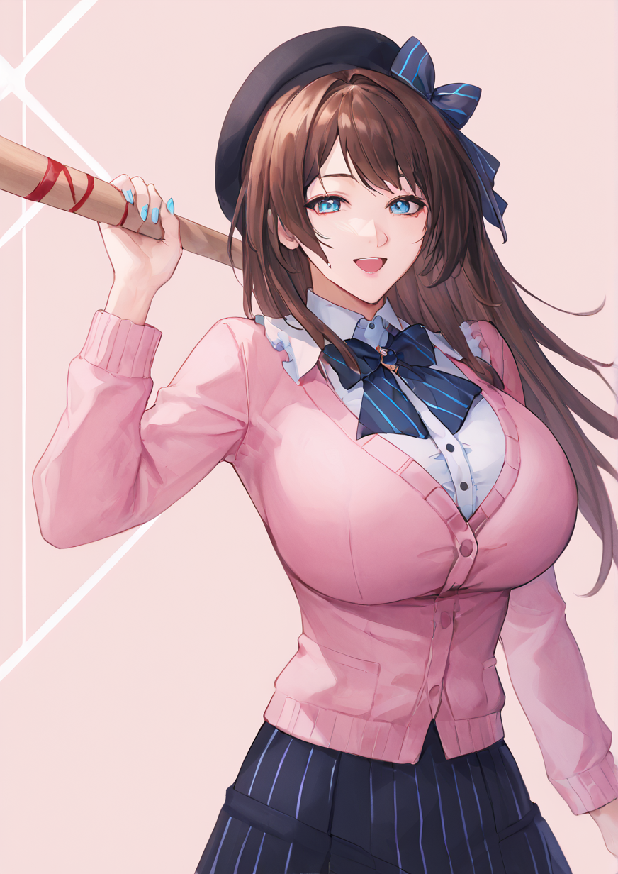 1girl, suzuhara lulu, huge breast, :3, baseball bat, beret, black bow, black bowtie, black headwear, black skirt, blood, blood stain, blue eyes, blue nails, bow, bowtie, brooch, brown hair, cardigan, center frills, frills, hat, hat pin, jewelry, long hair, looking at viewer, open mouth, pink cardigan, signature, skirt, smile, solo, striped, striped bow, striped skirt, vertical-striped skirt, vertical stripes, handfixer,zPDXL3<lora:Breast Slider - Pony_alpha1.0_rank4_noxattn_last:3> <lora:HandFixer_pdxl_Incrs_v1:1>    <lora:RH_OG:1>