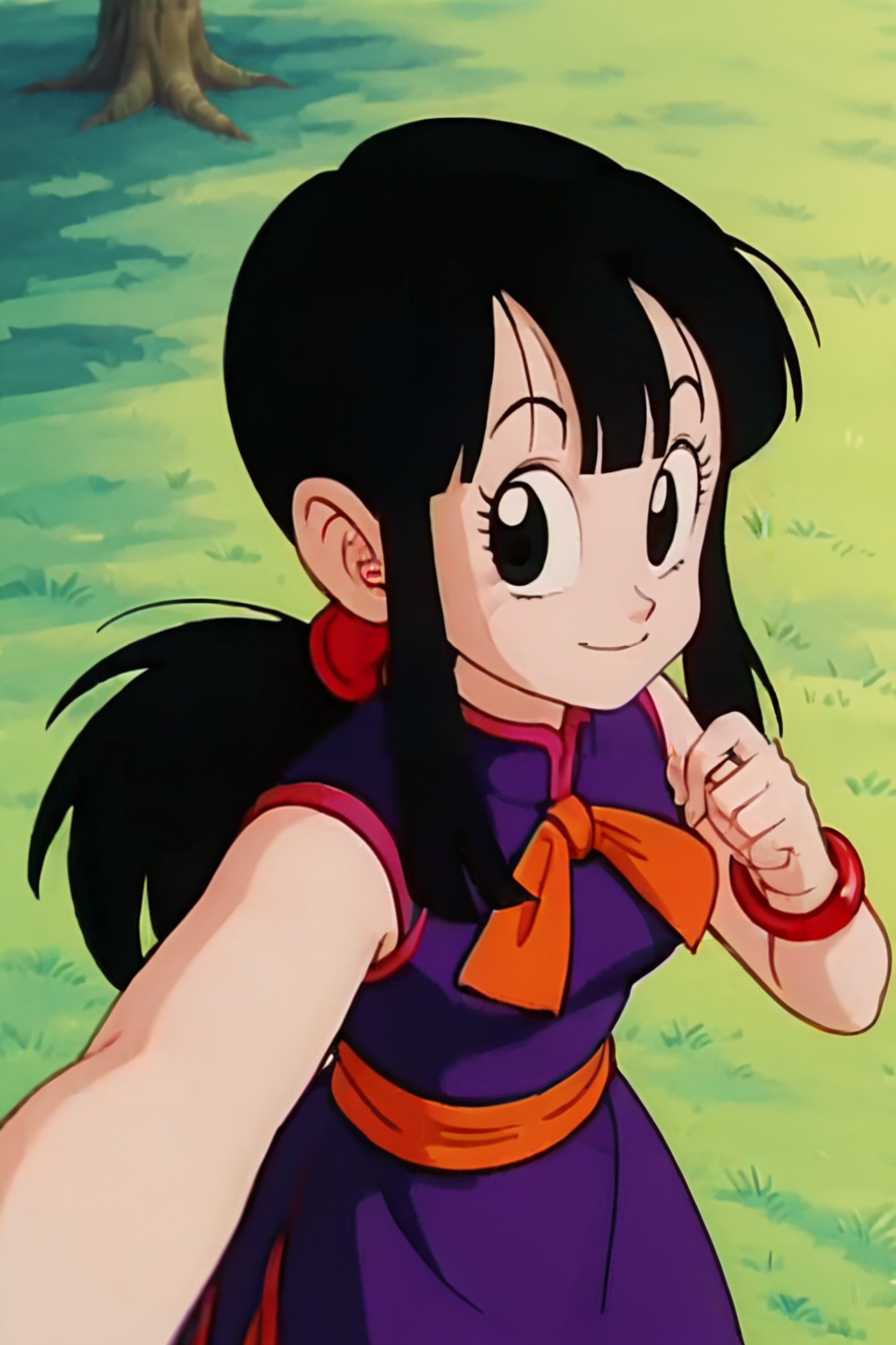 source_anime, score_9, score_8_up, score_7_up, anime screencap,8k, absurdres, 
chi-chi, long hair, bangs, black hair, ponytail, sidelocks, blunt bangs, black eyes,
bracelet, purple dress, orange neckerchief, orange sash,,
selfie, from above, tree, grass, 
 <lora:chichi_pony_v1:0.8>