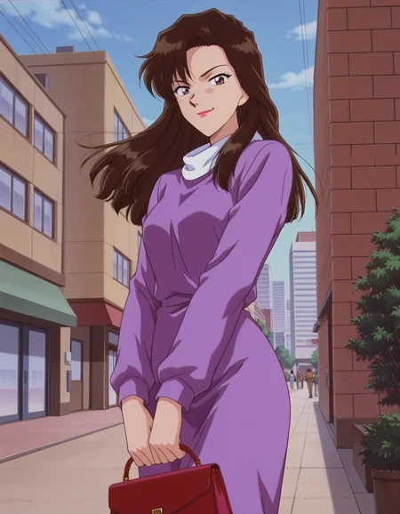 1girl,solo,masterpiece,best quality,anime screencap, 1990s \(style\),
<lora:fujimura naomi_conan_v1_IL:0.8>,(meitantei conan:0.3), fujimura naomi,brown hair,black hair,lipstick,arched bangs,wave hair,purple dress, long hair, long sleeves, dress,red handbag,holding bag ,
smile,cowboy shot,looking at viewer,standing,outdoors, building,city, day, blue sky, smirk, closed mouth,