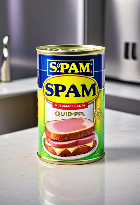 A can of SPAM made of l1qu1dp34rl, metal, pearlescent, multicolored, photograph, iridescent hues, detailed kitchen background, object focus,