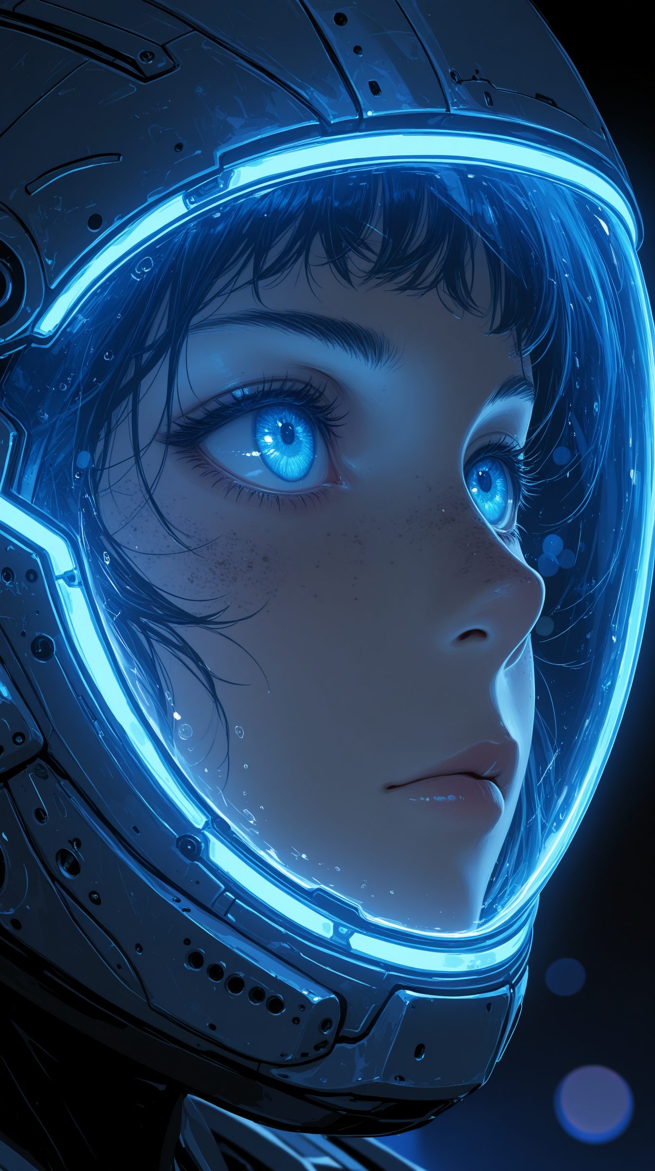 masterpiece, best quality, amazing quality, very aesthetic, absurdres, newest, scenery, anime coloring, 
1girl, solo, close-up, blue eyes, detailed eyes, freckles, glossy_lips, 
exosuit, exoskeleton, visor, futuristic_helmet, science_fiction_armor, neon lights, neon trim,
scifi, space, cyberpunk, technology, futuristic, dark background, reflections, glowing lights, bokeh, blue lighting, high detail, concept art, portrait, cinematic lighting, looking away, looking up, serious, focused