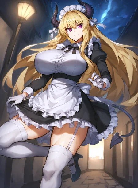 score_9, score_8_up, score_7_up, score_6_up, score_5_up, score_4_up,
gradient background, refraction, caustics, rim lights, backlighting, bloom,
BREAK
source_anime,
clouds, sky, night, starry sky, night sky, moonlight, dappled moonlight,
outdoors, dramatic lighting, city, street, scenery, fantasy,
BREAK
1girl, blonde hair, floating hair, hair ornament,sidelocks, very long hair, messy bangs,
purple eyes, eyeshadow, makeup, smile,
black horns, black tail, demon horns, demon tail, demon girl,
huge breasts, wide hips, thick thighs, narrow waist,
maid, maid apron, maid headdress,white apron, white bow, white gloves,
black dress, black skirt, collared dress, frilled apron, frills,
juliet sleeves, long sleeves, puffy sleeves, ribbon, skirt, waist bow,
high heels, white thighhighs, garter straps,
looking at viewer, one leg raised, solo, perspective, cowboy shot, from above,
<lora:Melon22-v1-PDXL:1>