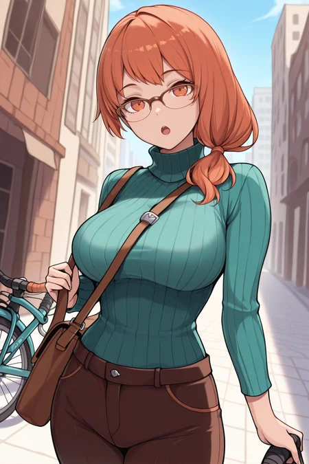 masterpiece, best quality, 1girl, solo, <lora:feleonie-illu-nvwls-v1-000006:1> warl3oni3, orange hair, low ponytail, side ponytail, orange eyes, aqua sweater, ribbed sweater, turtleneck, glasses, open mouth, looking at viewer, brown pants, holding messenger bag, city, bicycle