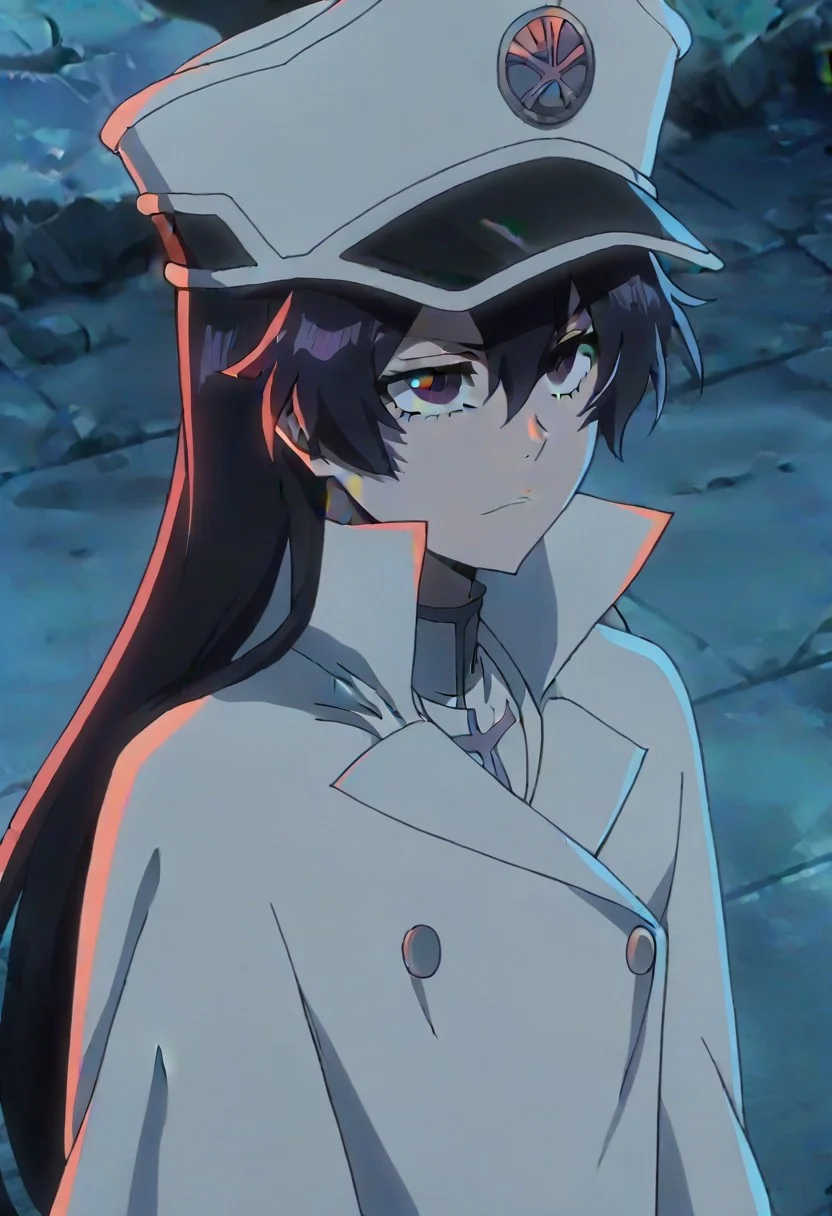 source_anime, anime screencap, anime coloring, nsfw, uncensored, <lora:Bambietta_Basterbine:1>Long hair, black hair, hair between eyes, dark purple eyes,, hat, peaked cap, white headwear, white gloves,
