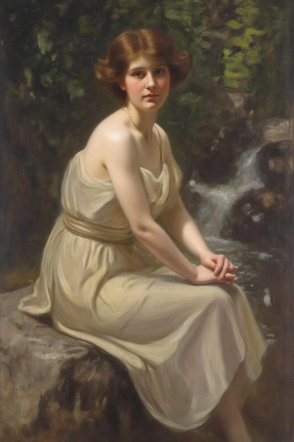 frankowensalisbury1 painting.
johnsingersargent3. A young woman sits beside a stream, wearing a light, flowing garment. Her hands are clasped together around her knees. The background includes rocks, foliage, and a flowing stream. <lora:frankowensalisbury1_cap_d8a4:1.0><lora:863239565069034263:0>