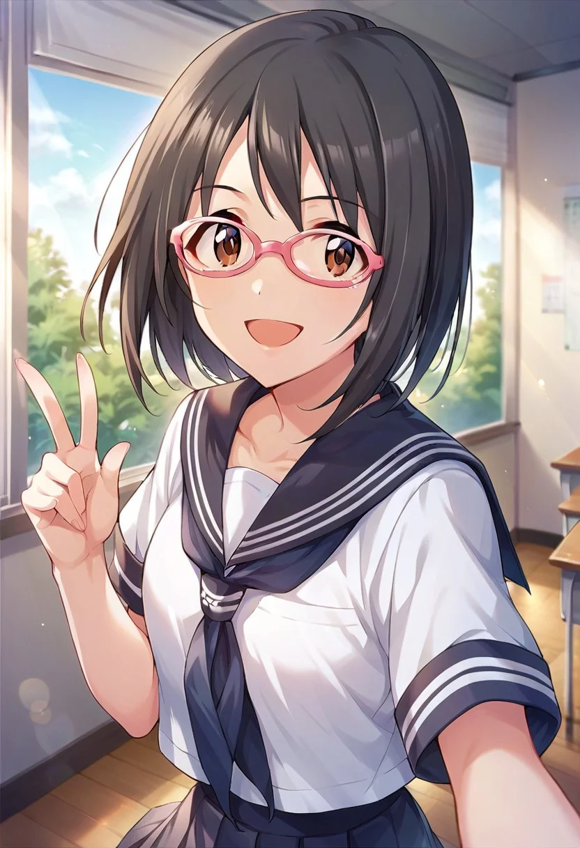 score_9, score_8_up, score_7_up, source_anime,kamijou haruna, brown eyes, black hair, glasses, 1girl, school uniform, solo, short hair, pink-framed eyewear, serafuku, smile, open mouth, looking at viewer