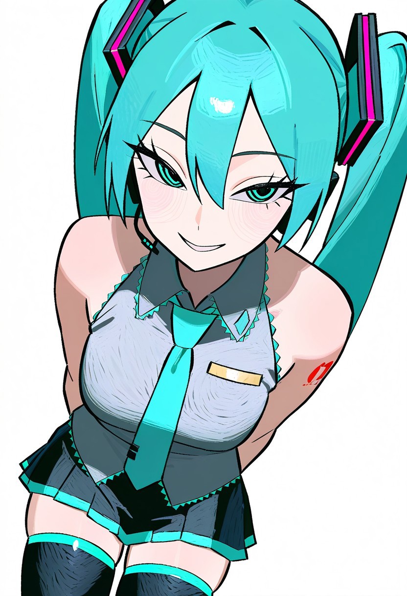 masterpiece, best quality, very aesthetic, high resolution, ultra-detailed, absurdres, newest, extremely detailed eyes, beautiful, perfect lighting, hi res, amazing quality, very awa, pvdc_il, PVDC_STL, sketch style, hatched style, thick lines, 1girl, hatsune miku, twintails, looking at viewer, smile, white background, simple background, pleated skirt, black skirt, black thighhighs, zettai ryouiki, sleeveless shirt, bare shoulders, aqua eyes, tattoo, hair between eyes, grey shirt, aqua hair, hair ornament, foreshortening, miniskirt, medium breasts, collared shirt, bangs, parted lips, aqua necktie, blue necktie, tsurime