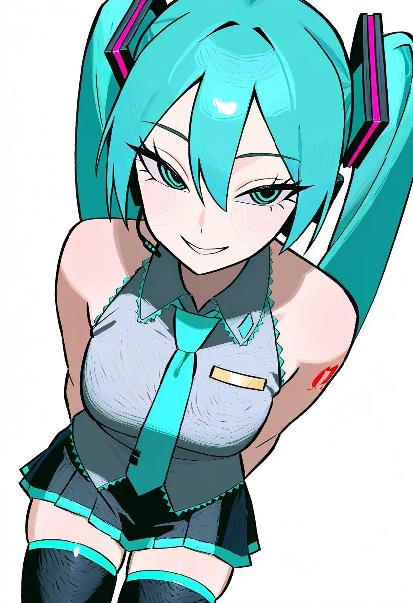 masterpiece, best quality, very aesthetic, high resolution, ultra-detailed, absurdres, newest, extremely detailed eyes, beautiful, perfect lighting, hi res, amazing quality, very awa, pvdc_il, PVDC_STL, sketch style, hatched style, thick lines, 1girl, hatsune miku, twintails, looking at viewer, smile, white background, simple background, pleated skirt, black skirt, black thighhighs, zettai ryouiki, sleeveless shirt, bare shoulders, aqua eyes, tattoo, hair between eyes, grey shirt, aqua hair, hair ornament, foreshortening, miniskirt, medium breasts, collared shirt, bangs, parted lips, aqua necktie, blue necktie, tsurime