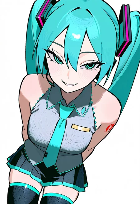 masterpiece, best quality, very aesthetic, high resolution, ultra-detailed, absurdres, newest, extremely detailed eyes, beautiful, perfect lighting, hi res, amazing quality, very awa, pvdc_il, PVDC_STL, sketch style, hatched style, thick lines, 1girl, hatsune miku, twintails, looking at viewer, smile, white background, simple background, pleated skirt, black skirt, black thighhighs, zettai ryouiki, sleeveless shirt, bare shoulders, aqua eyes, tattoo, hair between eyes, grey shirt, aqua hair, hair ornament, foreshortening, miniskirt, medium breasts, collared shirt, bangs, parted lips, aqua necktie, blue necktie, tsurime