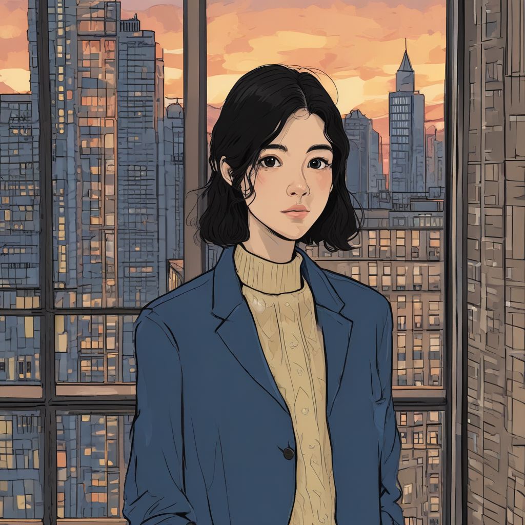 female, black hair, brown eyes, hair clip, blue suit, sunset, windows, buildings