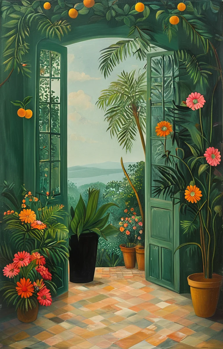 masterpiece,best quality,<lora:tbh128-sdxl:0.9>,idolmaster cinderella girls,oil painting,style of Henri Rousseau,