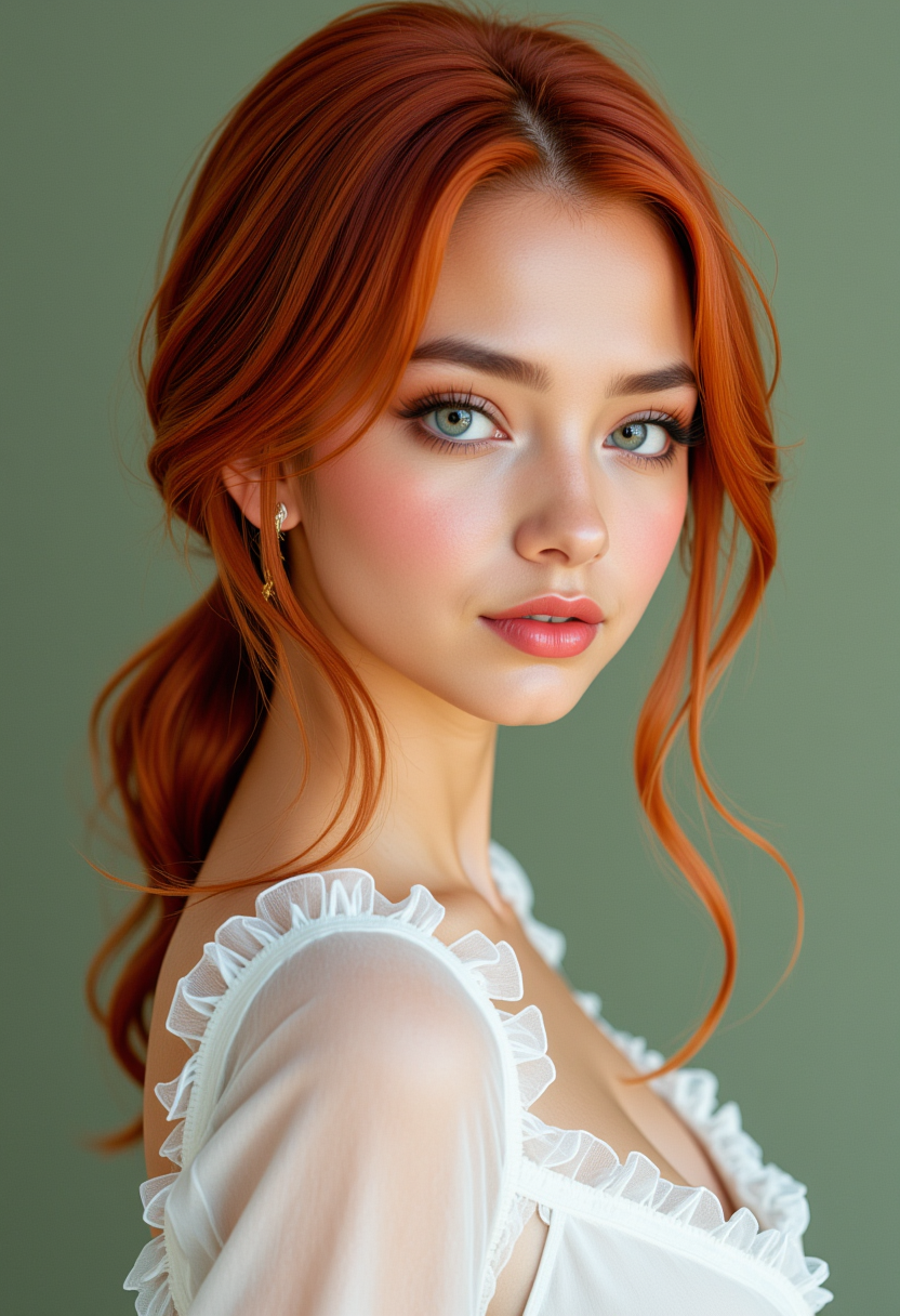 She is approximately 18 years old. Hyperrealism, she is looking at the camera, (dynamic angles), profile headshots of a beautiful, stunning unique female character.  she has red hair. her eyes are filled with joy and excitement, extravagant eyelashes. a photo of Amir@_warrior, she is wearing a white frilly shirt, The woman is posing confidently. simple sage green colored background. She has a slight smile on her face and is looking directly at the camera. making this image a masterpiece of photography and digital art. realistic. making this image a masterpiece of photography and digital art. Style: realistic hyper-detailed rendering, 32k UHD, expressive eyes, punk, graphic design, girl's face, pretty and cute, gleaming lips, telling a tale of adventure. Exuding confidence and serenity. The overall mood of the image is happy and relaxed,detailed skin texture,(blush:0.2),(goosebumps:0.3),subsurface scattering,whimsical,Detailed hand, Perfect hand. Perfection style.