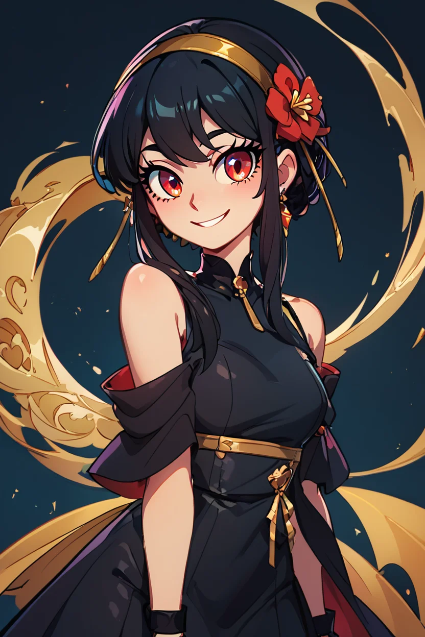 score_9, score_8_up, score_8, medium breasts, (curvy), cute, eyelashes, BREAK, , BREAK, YorForger, 1girl, black hair, red eyes, short hair with long locks, gold hairband, hair flower, black choker, black dress, sleeveless, off shoulder, floral print, fingerless gloves, <lora:YorForgerXLpony004:0.8>,, <lora:GoldenCAT_Lora_PDXL_v2:0.8>, , BREAK, smile, looking at viewer, cowboy shot, embedding:zPDXL, Expressiveh, <lora:SDXLFaeTastic2400:0.5>, <lora:Expressive_H-000001:0.4>,