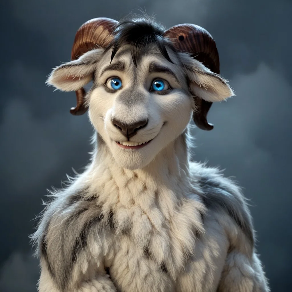 score_9, score_8_up, score_7_up, score_6_up, score_5_up, score_4_up, realistic, detailed face, detailed eyes, detailed fur, furry Male ((photorealistic, solo)) BREAK
Grey, Grey /Sheep & Wolves/, Sheep, Ram, Long wavy fur, two finger hands, hoof feet, hoof fingers, black lip, black hair, blue eyes, brown horns, floppy ears, furry ears, brown nose, white fur, white wool, grey markings, muscular neck, thick neck, headshot, smiling