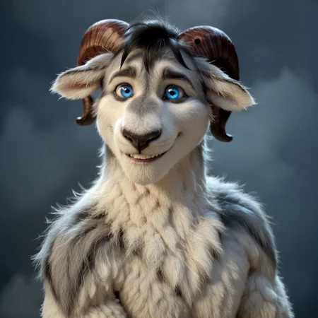 score_9, score_8_up, score_7_up, score_6_up, score_5_up, score_4_up, realistic, detailed face, detailed eyes, detailed fur, furry Male ((photorealistic, solo)) BREAK
Grey, Grey /Sheep & Wolves/, Sheep, Ram, Long wavy fur, two finger hands, hoof feet, hoof fingers, black lip, black hair, blue eyes, brown horns, floppy ears, furry ears, brown nose, white fur, white wool, grey markings, muscular neck, thick neck, headshot, smiling