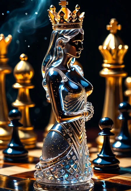 [Masterpiece. Realistic. Transparent Beings. Everything in this universe is made out of sparkling glass crystals. A chess piece made of crystals. Water explosions. Transparent or silver body parts.], detailed, romantic, very inspirational, beautiful, elegant, lovely, cute, pretty, modern, epic composition, fabulous atmosphere, cinematic light, dynamic dramatic ambient, Vibrant Colors , glowing highlights, 
ral-tr33brnch, Arttrttrt, extreme Long Shot, masterpiece, intricate detail, best quality, absurd resolution, Gothic, black stone with golden stripes, elegant, luxury, royal, expensive, 
Stylized chess pieces. Queen chess, Chess game, chess board, luxury and golden design. Photo realistic, cinematic light, concept art. ,