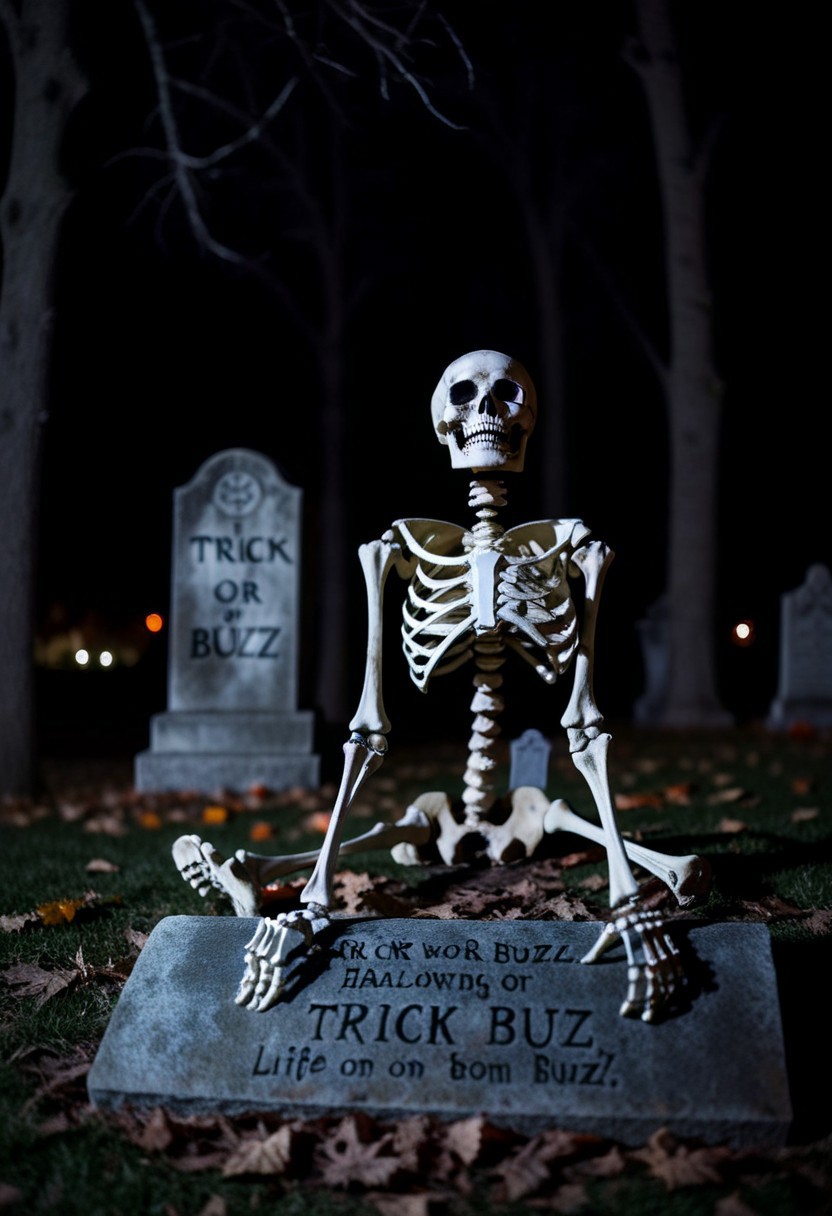 score_9, score_8_up, Photography, stvmccrr style, bokeh, Halloween, eerie, darkness, night time, a life-sized skeleton, intriguing, scary, realistic, nightmare, crawling on a tombstone, text:"Trick or Buzz"