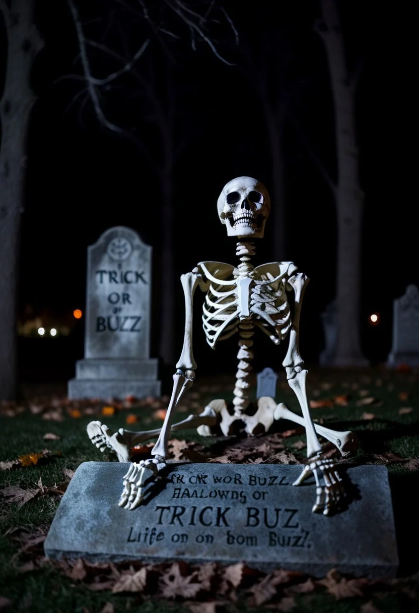 score_9, score_8_up, Photography, stvmccrr style, bokeh, Halloween, eerie, darkness, night time, a life-sized skeleton, intriguing, scary, realistic, nightmare, crawling on a tombstone, text:"Trick or Buzz"