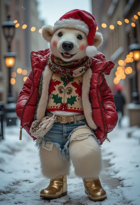 A beautiful christmas polar bear with Christmas heat is wearing a stylish puffy winter jacket paired with distressed denim jeans and a turtleneck sweater adorned with embroidered holly leaves and berries. The look is accessorized with a frilly scarf, a gold-accented belt, and metallic boots for a festive yet urban vibe. She poses out doors during a snowstorm. falling snow, christmas lights, rosy cheeks. pretty eyes