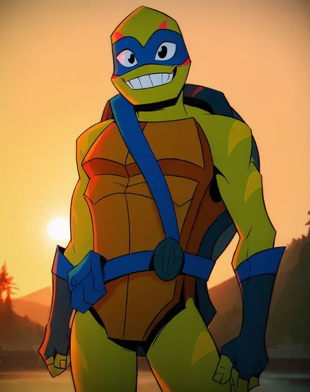 score_9, score_8_up, score_7_up, smooth lines, countershading, soft shading, 2d, extreme detail, 4K, high definition, high resolution, <lora:rottmnt8:0.8>, 1boy, solo, Leo, turtle, mask, belt, fingerless gloves, legwear, confident, outdoors, looking at viewer, sunset, grin,