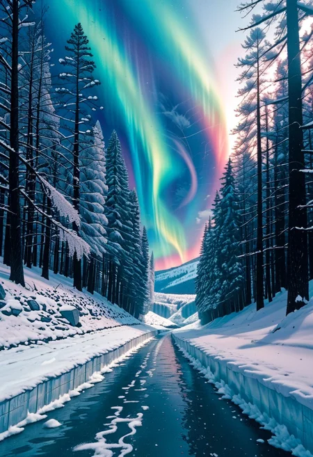 a knight walks through a snow-covered night forest, icy trees around, the aurora borealis in the sky (fr0stwrld, snow, ice, VntgCE , framed)