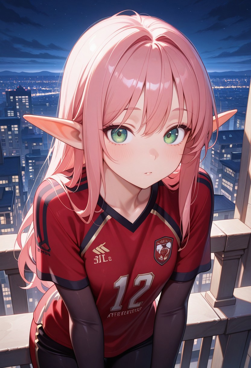 masterpiece, best quality, amazing quality,,<lora:afkArenaIllustrious:1>
afkarenastyle,
1girl, female elf, solo, portrait, female focus, pink hair, green eyes, slim, long hair, hair swept to one side, light skin, melancholy expression, leaning on railing, leaning forward, looking at viewer, balcony, beautiful, soccer jersey, outdoors, cityscape, night