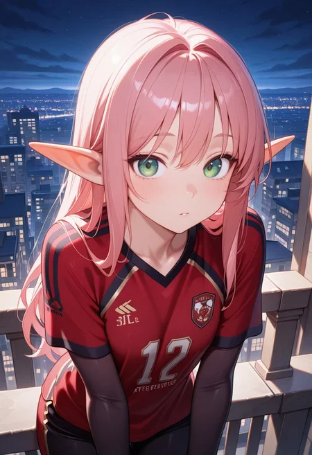 masterpiece, best quality, amazing quality,,<lora:afkArenaIllustrious:1>
afkarenastyle,
1girl, female elf, solo, portrait, female focus, pink hair, green eyes, slim, long hair, hair swept to one side, light skin, melancholy expression, leaning on railing, leaning forward, looking at viewer, balcony, beautiful, soccer jersey, outdoors, cityscape, night