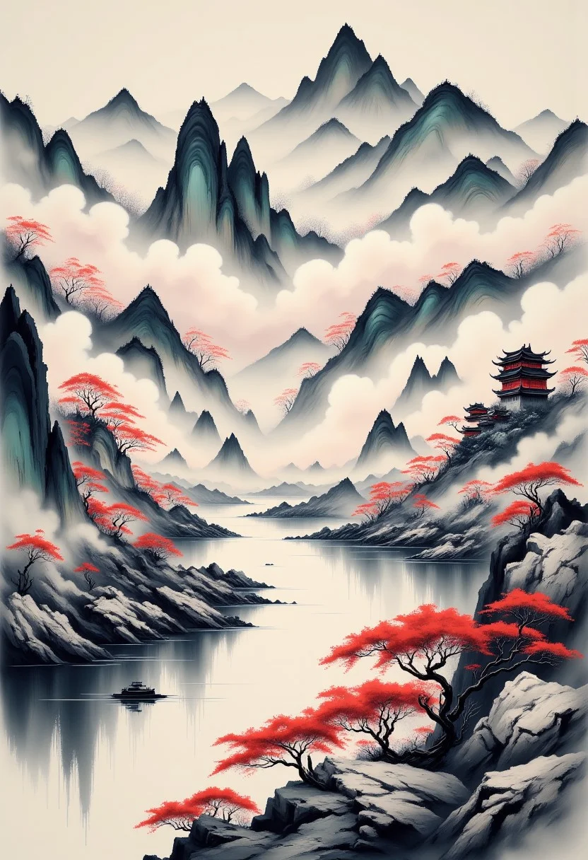 Red river, hazy white clouds
Thousands of mountains, a lonely city.
What are you sorrow about,
The spring wind blows forever, 
Does not reach the high wall.
chinese ink painting, ink art, splash, traditional media,  colorful, scenery, very aesthetic, 
epic, majestic, fantasy art, dreamy, perspective, moody, magical,
intricate details, highly detailed, ultra-detailed, absurdres, beautiful, painterly, detailed, textural, artistic, vivid, vibrant,
aidmamj6.1, chinese ink style