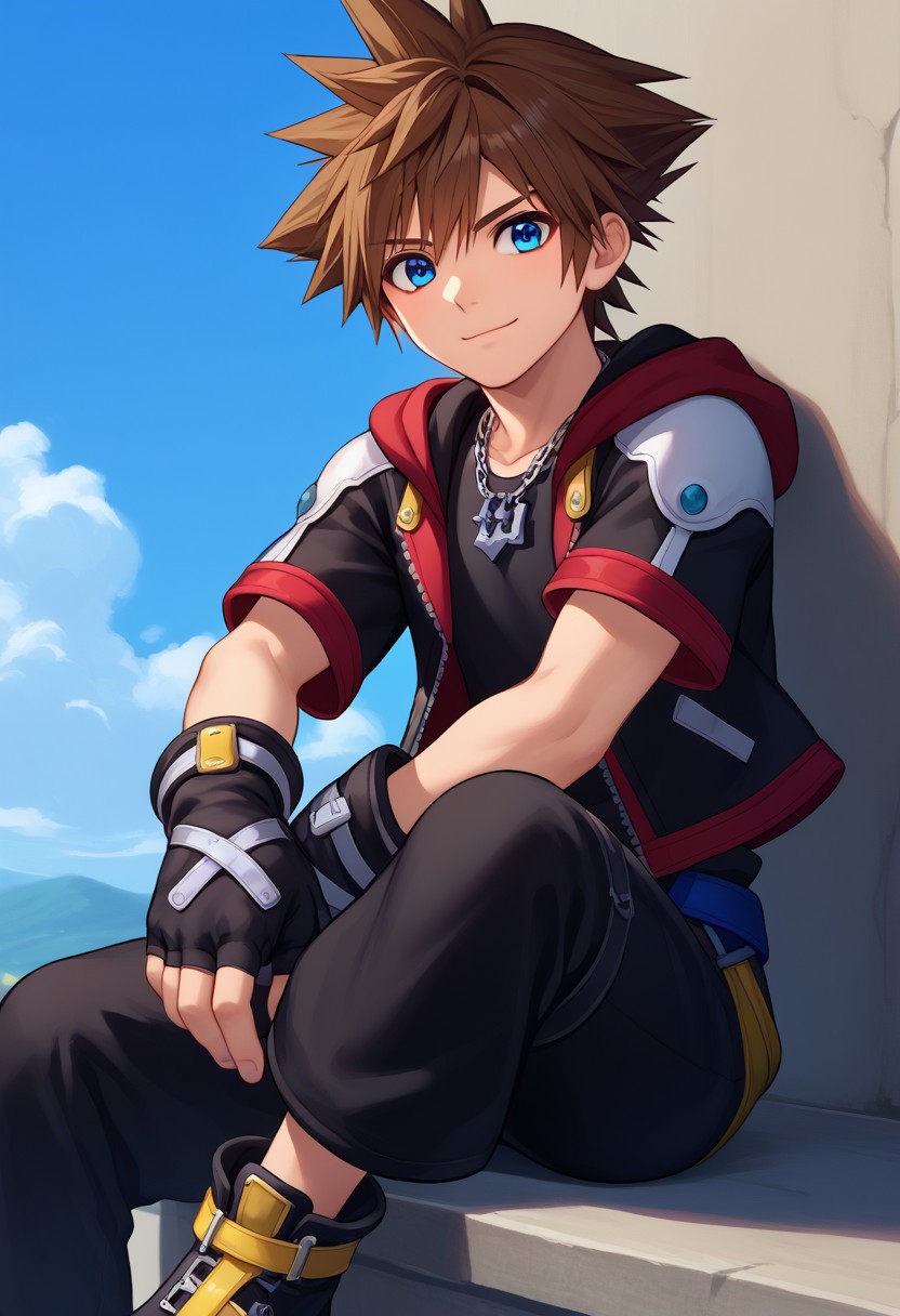score_9, score_7_up, source_anime 
sora, 1boy, male focus, solo, blue eyes, brown hair, spiked hair, black shirt, jewelry, necklace, jacket, multicolored jacket, multicolored clothes, black jacket, red jacket, hood, buttons, short sleeves, open jacket, open clothes, gloves, black gloves, fingerless gloves, belt, pants, black pants, capri pants, shoes, black footwear, sitting, light smile, closed mouth,
outdoor, sky,