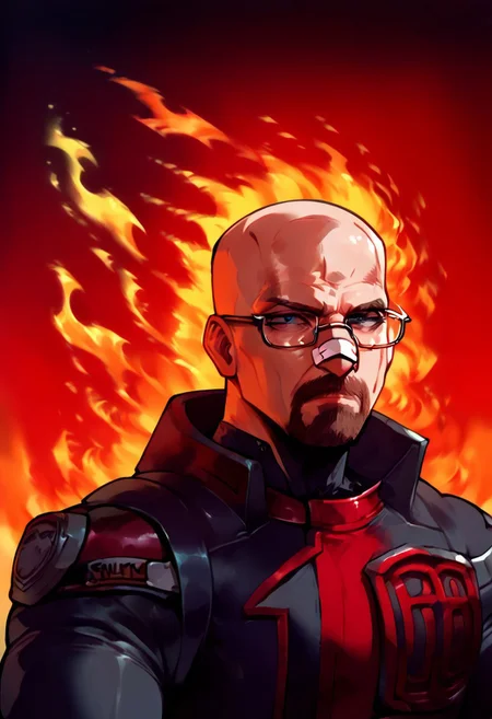 score_9, score_8_up, score_7_up, STYLES | PONY & ANIMAGINE, black hat
, masterpiece, beautiful, upper body, front view, band aid on nose,black hat,
,walteruwaito,Middle-aged man, bald, Glasses, power pose, cold look,bear,Spdshadowranger, black armored suit, red and silver accents, metallic chest armor, bold "100" design, angular shoulder pads, black gloves with red cuffs, silver belt with red buckle, holster with weapon, ,anime art style, desert background,flip flip phone,sheath, katana, fire background, desert