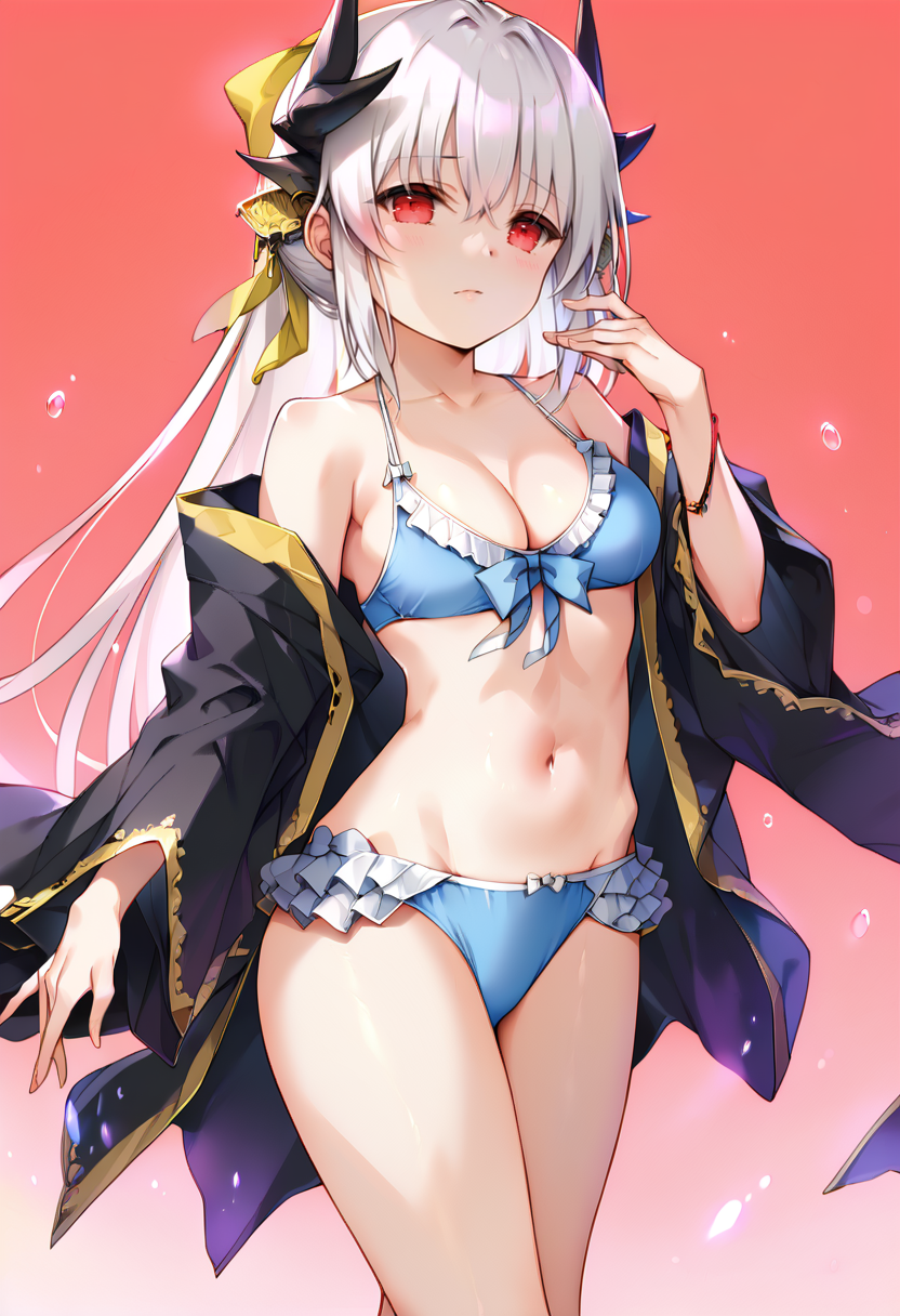score_9, score_8_up, score_7_up, source_anime BREAK 1girl,  <lora:spfateKiyohimeXLPony:1> kiyola3st, white hair, horns, yellow bow, blue bikini, cleavage, frills, frilled bikini, japanese clothes, black kimono, standing, full-body shot, <lora:Mignon-Style-PonyXL-000054:1>