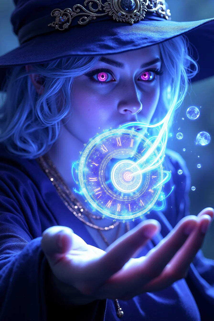 Chrono Divinities â Timeless witch who control history through quantum tech. The witch in the images is casting a purple magical time spell that resembles an anicet magical floating clock. She has a detailed witch hat and robe, hkchrono <lora:ChronoDivinitiesFlux_r1:0.85> <lora:FluxMythP0rtr4itStyle:0.8>