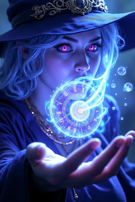 Chrono Divinities â Timeless witch who control history through quantum tech. The witch in the images is casting a purple magical time spell that resembles an anicet magical floating clock. She has a detailed witch hat and robe, hkchrono <lora:ChronoDivinitiesFlux_r1:0.85> <lora:FluxMythP0rtr4itStyle:0.8>