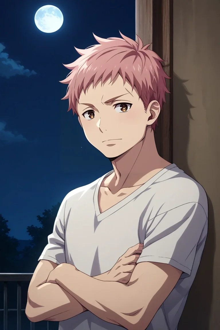 score_9, score_8_up, score_7_up, source_anime, rating_safe, intricate details, (realistic:0.6), looking at viewer, , 1boy, solo, male focus, <lora:renzou_shima_pony:0.98>, renzou_shima, pink hair, brown eyes, short hair, rule of thirds, stonehenge, night, full moon, arms under breasts, sparkling eyes, ,, <lora:sdxl_lightning_8step_lora:1>