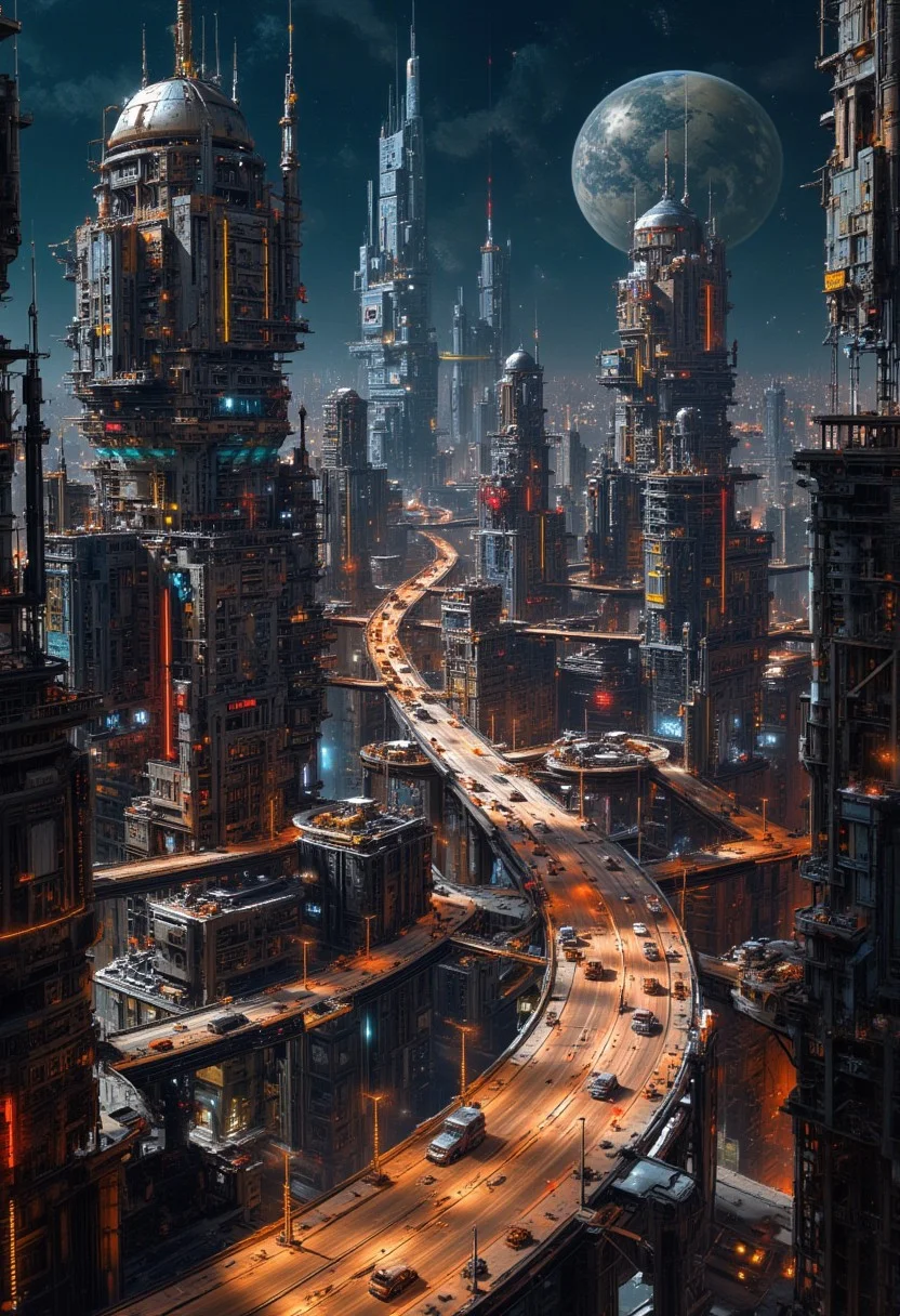 nttw style, mythp0rt, sci-fi futuristic superhighway running through an urban eastern sci-fi metropolis, towers, domes, skyscrapers, night-time, neon lights and signs, bokeh
