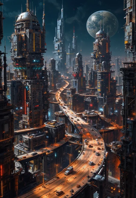 nttw style, mythp0rt, sci-fi futuristic superhighway running through an urban eastern sci-fi metropolis, towers, domes, skyscrapers, night-time, neon lights and signs, bokeh