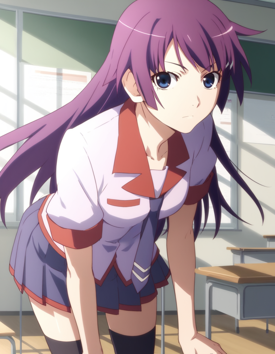 score_9, score_8_up, score_7_up, source_anime,
hitagisenjougahara, <lora:hitagi-senjougahara-anime-ponyxl-lora-nochekaiser:1>,
senjougahara hitagi, bangs, long hair, blue eyes, purple hair,
skirt, thighhighs, school uniform, necktie, black thighhighs, zettai ryouiki, naoetsu high school uniform,
indoors, classroom, bent over,
looking at viewer, cowboy shot, dutch angle,