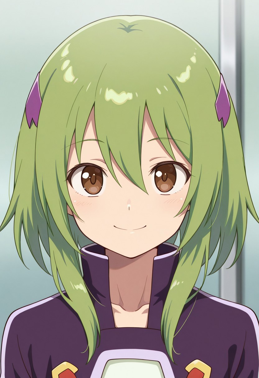 masterpiece,best quality,amazing quality, source_anime, 
FutabaTsukasa, 1boy, male focus, solo, brown eyes, green hair, hairband, collarbone, white shirt, purple jacket, cropped jacket, portrait, smile,
