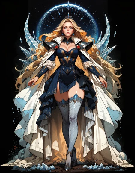 score_9, score_8_up, score_7_up, score_6_up, score_5_up, score_4_up,   monster girl, blue scales, ice queen, Shiva, (full body, looking at viewer:1.2), (skin ice scales:1.2), ice armor, fantasy armor, mature, (blonde hair, long hair, mid parted bangs:1.1), tiara made out of ice, thighs, (high heels:1.1), thighhighs, frost, majestic, majestic translucent white cape, stunning, rich, fantasy, emotional, cleavage, dynamic pose, black background