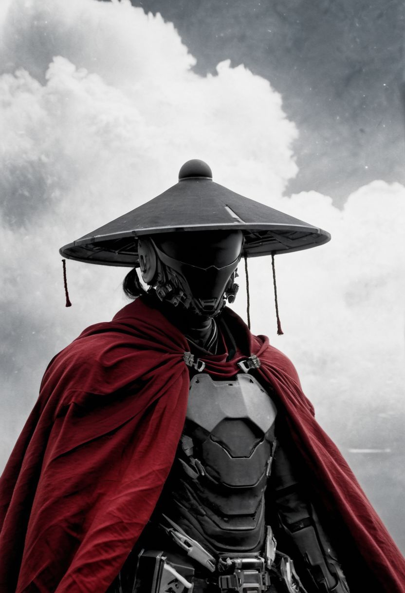 Capture the essence of transcendence and power in the stillness of a cyborg samurai resembling hannibal leckter meditating atop the wing of a colossal airborne carrier, piercing through the fluffy dense clouds. dark moonlit sky, Cloaked in sun-bleached linen, adorned with a towering translucente sss sedge hat veiling his face, his metallic intricacies faintly aglow in translucent dark red, amidst a world of ethereal heights and serenity. Long Cape in Wind, 
., atmospheric haze, Film grain, cinematic film still, shallow depth of field, highly detailed, high budget, cinemascope, moody, epic, OverallDetail, 2000s vintage RAW photo, photorealistic, candid camera, color graded cinematic, eye catchlights, atmospheric lighting, imperfections, natural, shallow dof