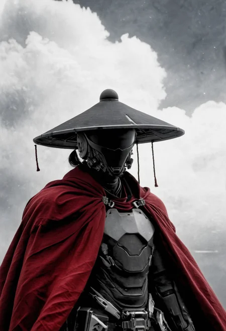 Capture the essence of transcendence and power in the stillness of a cyborg samurai resembling hannibal leckter meditating atop the wing of a colossal airborne carrier, piercing through the fluffy dense clouds. dark moonlit sky, Cloaked in sun-bleached linen, adorned with a towering translucente sss sedge hat veiling his face, his metallic intricacies faintly aglow in translucent dark red, amidst a world of ethereal heights and serenity. Long Cape in Wind, 
., atmospheric haze, Film grain, cinematic film still, shallow depth of field, highly detailed, high budget, cinemascope, moody, epic, OverallDetail, 2000s vintage RAW photo, photorealistic, candid camera, color graded cinematic, eye catchlights, atmospheric lighting, imperfections, natural, shallow dof