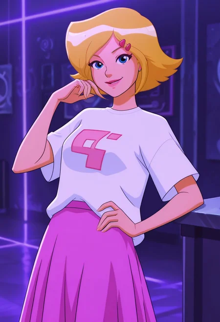 masterpiece, best quality, good quality, 1girl, solo, cartoon, totally_spies_2k24, cl0ver, blonde hair, blue eyes, white t-shirt, pix3l print, pink skirt, hairclip, sexy, medium breasts, beautiful, detailed, high detailed, very beautiful, detailed face, detailed eyes, detailed hand, fingernails, abstract background, neon, smile, posing, pose, looking at viewer, face focus