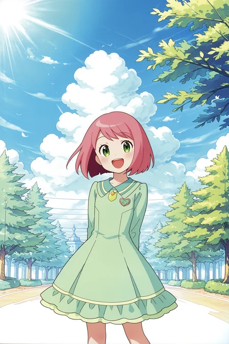 <lora:Shinsuke_Komaki_artist_style:1>
outside, blue sky, clouds, trees,
1girl, solo, pink hair, bob cut, happy girl, :D, cute frilly green dress, 
 looking at viewer, standing