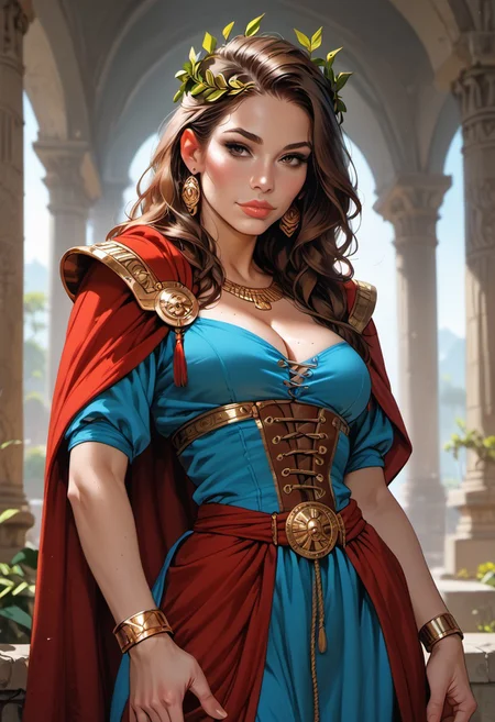 Stable_Yogis_PDXL_Positives, (score_9), score_8_up, score_8, score_7_up, score_7, score_6_up, score_6, score_5_up, Score_5, mythp0rt, (1girl, solo, mature female, adult), (looking at viewer), medium lips, puffy lips, parted lips, beautiful, cutest girl in the world, pale skin, mature female, adult woman, (dark-brown hair), (long hair),
fit body, slender body lines, narrow waist, slender body,
(fantasy style), (ancient rome style), (gold laurel wreath), (long blue tunic, cleavage),  (belts), (brown underbust corset), (tattered red cloak), (shoulder armor), ((flowy cloak)), 
standing, ((slutty pose)), breathless intimacy, textured skin, leggings, petite model bombshell, delicate features, narrow pointy nose, tiny nose, lust, big eyes, seductive eyes, detailed skin, flared lashes, mascara, makeup, breasts, athletic body, narrow waist, wide hips, ((tiny waist)), (closed mouth), slender figure, sensual gaze, 
warm light, detailed, two arms, good hands, vox machine style, 1girl, female focus, solo, portrait, Ancient Rome background, fantasy, (dynamic lighting:1.1)
((masterpiece))