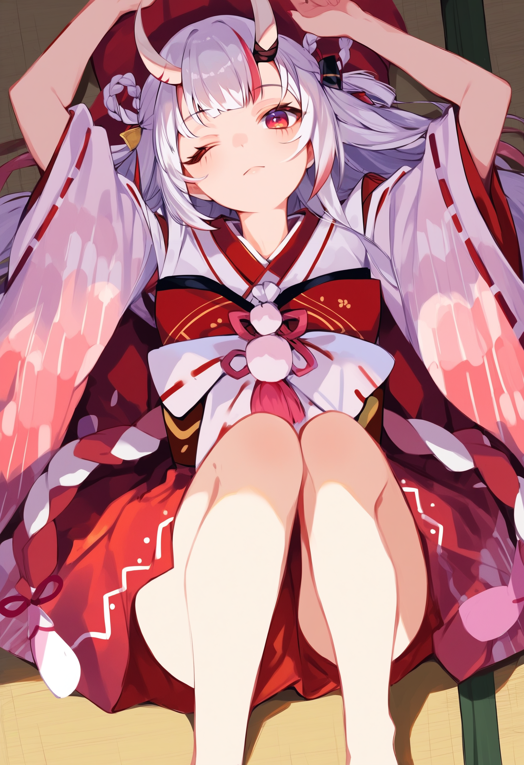 score_9, score_8_up, score_7_up, score_6_up, source anime, suggestive,
nakiri ayame, nakiri ayame miko, 1girl, oni, skin-covered horns, long hair, solo, one eye closed, :3, kimono, on back, knees together feet apart, arms up, from above
<lora:nakiri_ayame_v1:1>