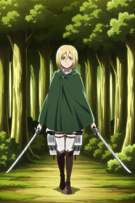 anime screencap, anime coloring, detailed face, masterpiece, best quality, very aesthetic, absurdres, volumetric lighting, official style, amazing quality, ultra detailed,  highres, amazing quality, scenery, beautiful detailed hair, beautiful detailed eyes, detailed fingers,
 <lora:Historia_ReissKrista_Lenz_Attack_on_Titan_Seasons_1-3:1>
Historia green cloak season 1 (outfit), Historia Reiss (character), three-dimensional maneuver gear, blonde hair, solo, 1girl, dual wielding, holding, sword, weapon, cloak, green cloak, paradis military uniform, boots, short hair, krista lenz, nature, looking at the viewer, smile, 
outdoors, tree, forest