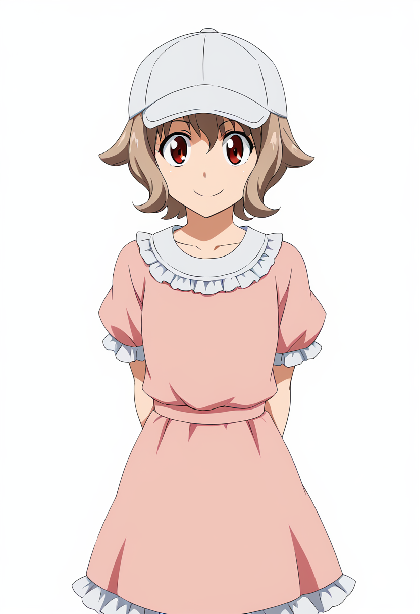 1girl, solo, AtraM1xt, short hair, brown hair, red eyes, baseball cap, pink dress, frills, looking at viewer, smile, arms behind back, standing, white background, <lora:Atra Mixta - Gundam IBO-000008:1>