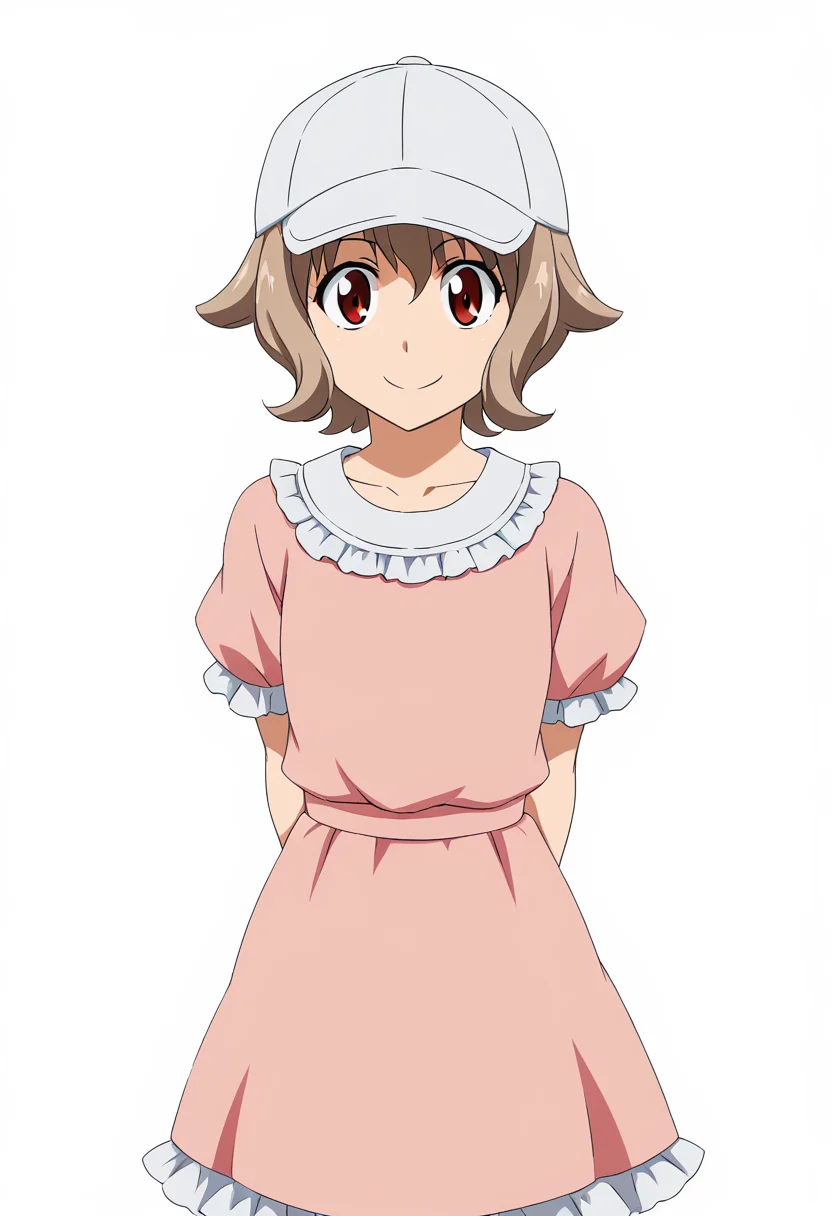 1girl, solo, AtraM1xt, short hair, brown hair, red eyes, baseball cap, pink dress, frills, looking at viewer, smile, arms behind back, standing, white background, <lora:Atra Mixta - Gundam IBO-000008:1>