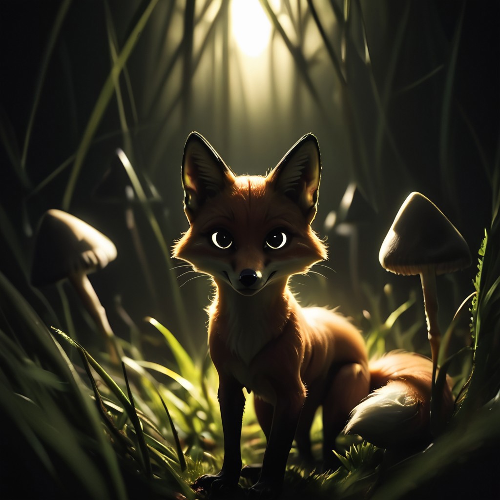 score_9, score_8_up, score_7_up, score_6_up, score_5_up, score_4_up, BREAK a closeup of a feral fox in dark-grasshrooms, feral, fox, looking at viewer, dark, backlit, low key, sidelight, silhouette, depth of field, blurry foreground, dark-grasshrooms