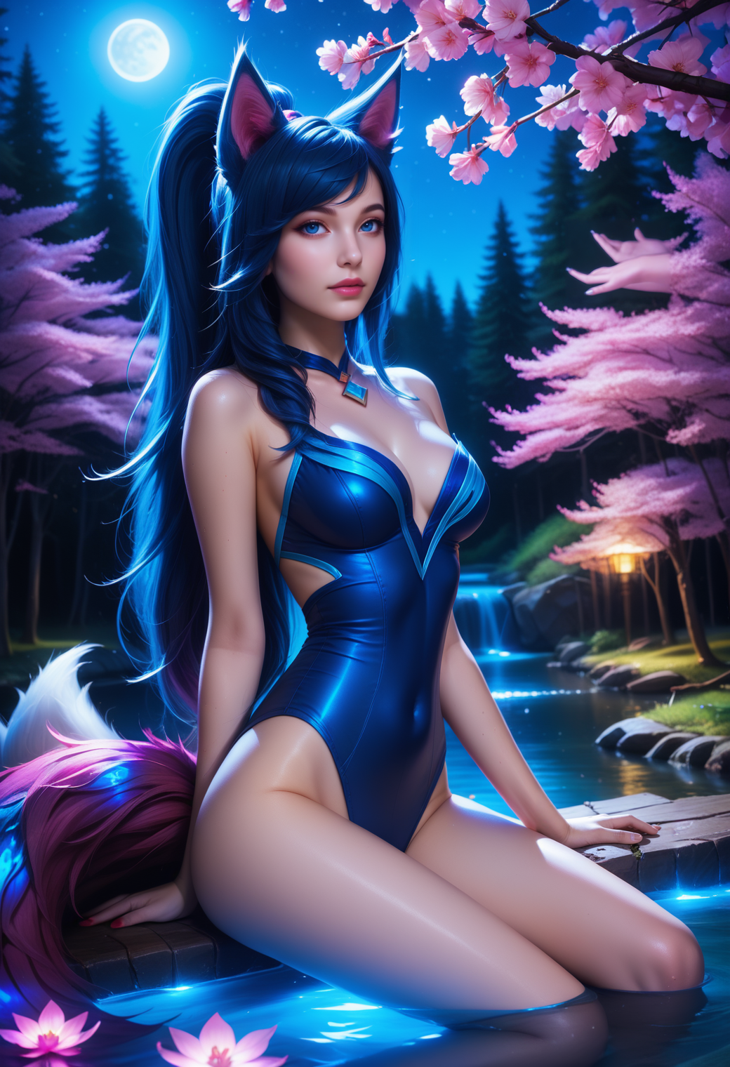 bluefoxeij sitting, river,, forrest, night sky, cherry blossoms, dark, moonlight, dimmed light <lora:BlueFoxeijPONY-000002:1>